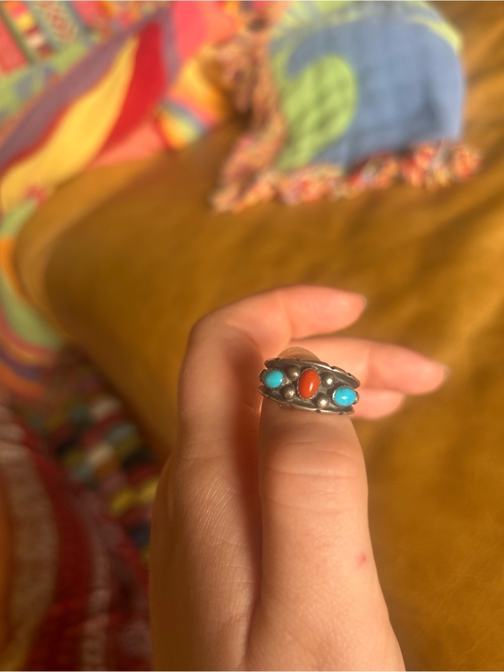 Sterling Silver Ring with Turquoise and Coral Cabochons